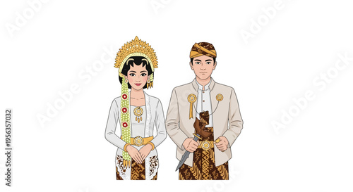 Traditional Indonesian wedding couple in elegant attire, smiling and posing together.