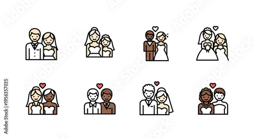 Collection of wedding icons featuring diverse couples in love with hearts.