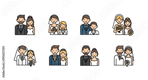 Collection of wedding couples and families in various poses and styles.
