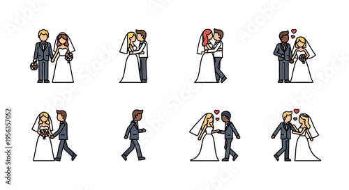 Collection of diverse wedding couples in various poses and styles, vector illustration.