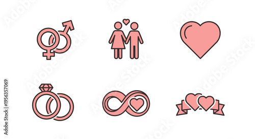 Collection of romantic love icons with hearts, rings, and gender symbols.
