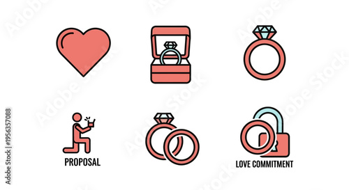Set of vector illustrations for engagement, proposal, and love commitment.