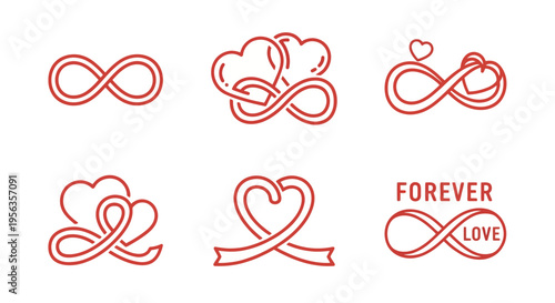 Set of red infinity symbols and hearts for love and romance concepts.
