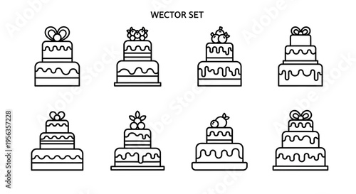 Collection of vector illustrations featuring various tiered cakes with decorations.