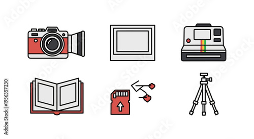 Collection of photography equipment and accessories in a colorful illustration.