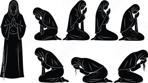 Muslim Woman Silhouette Set Praying Kneeling and Mourning in Hijab for Islamic Religion Spirituality Worship Grief and Funeral Vector Illustration