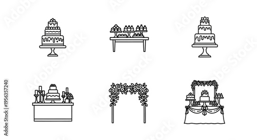 Elegant wedding cakes and decorations in black and white line art.