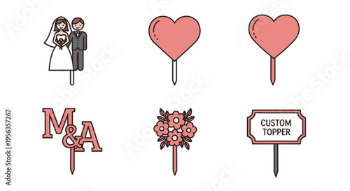 Minimalist vector illustration set of various wedding cake toppers in flat design style, featuring a couple, hearts, initials, flowers, and a custom sign, perfect for wedding invitations and