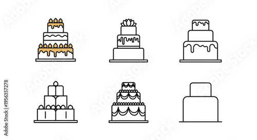 Minimalist vector set of various elegant wedding cakes, representing celebratory confectionery art in a flat design style, perfect for culinary and event-planning conceptual designs across c