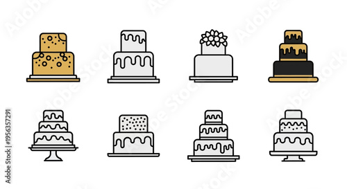 Various wedding cake illustrations in different styles and colors on white background.