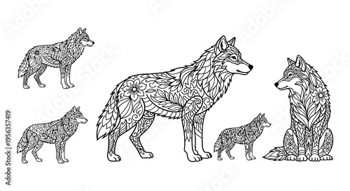 Intricate floral patterns adorn the silhouettes of three majestic wolves