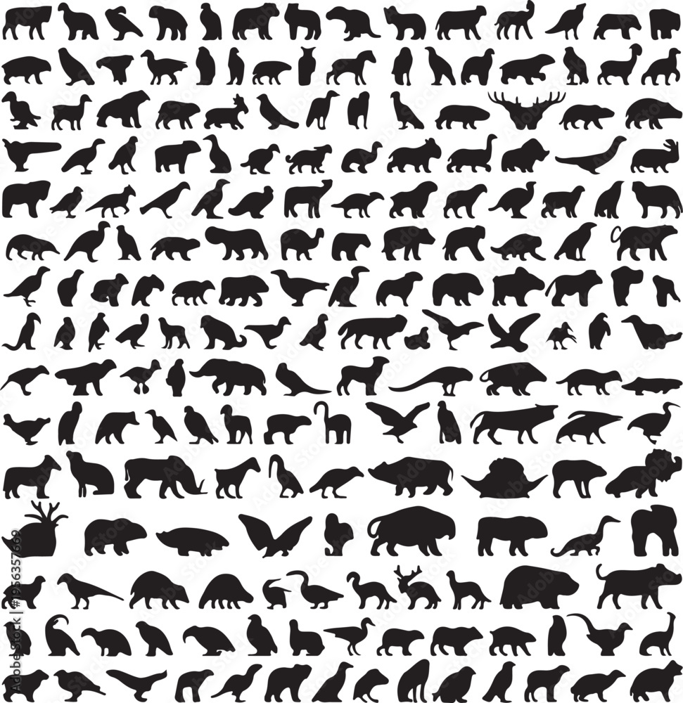 Obraz premium A large collection of various animal silhouettes on a white background