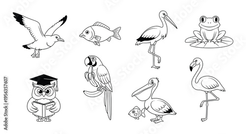 Collection of monochrome animal illustrations including birds fish and frog