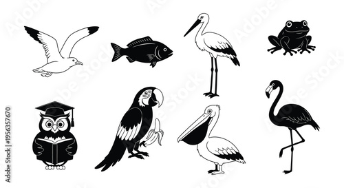 Collection of monochrome animal illustrations including birds fish and frog