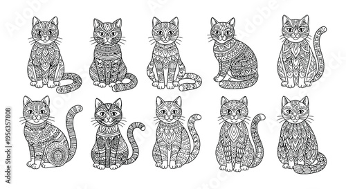 Detailed collection of nine intricately patterned seated and lounging cats