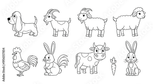 A collection of cartoon farm animals depicted in a simple line drawing style