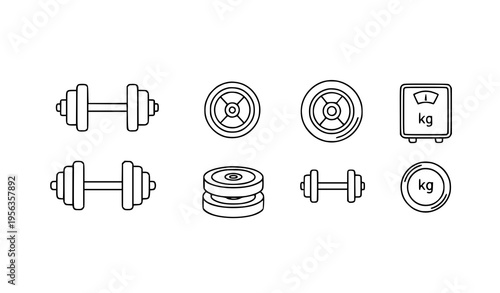 Fitness weight icon set with dumbbell kg scale and gym equipment outline vector