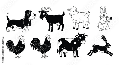 A collection of cartoon farm animals depicted in a simple line drawing style