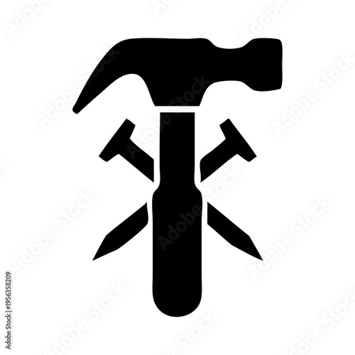 Logo men at work. Icono carpintería. Dibujo sencillo con silueta de un martillo con clavos cruzados 