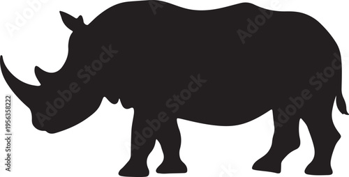 Black silhouette of a rhinoceros standing on a white background