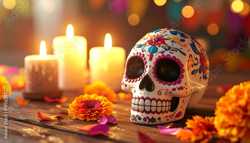 Wallpaper Mural Day of the Dead Sugar Skull with Candles and Marigolds. Torontodigital.ca