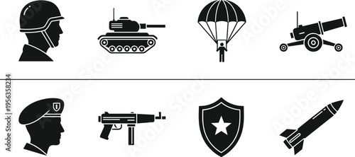 Black and white military including helmets tanks parachutes cannons soldiers guns shields and rockets