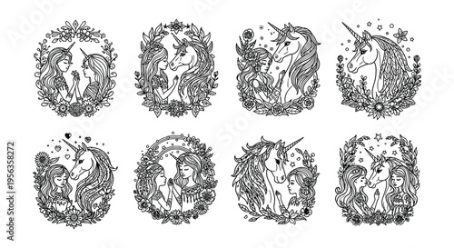 Collection of ornate unicorn and maiden illustrations in black and white