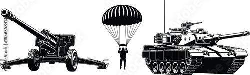 Black and white of military vehicles and parachuter tank cannon 1