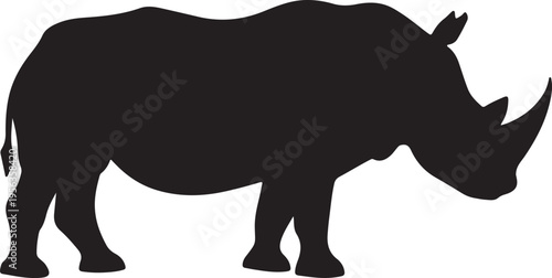 Black silhouette of a rhinoceros standing alone on white background