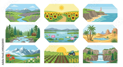 Nature Landscape Flat Illustration Set - Minimalist Outdoor Scenic Environments