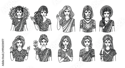 Elegant black silhouettes of women with intricate ornamental head coverings