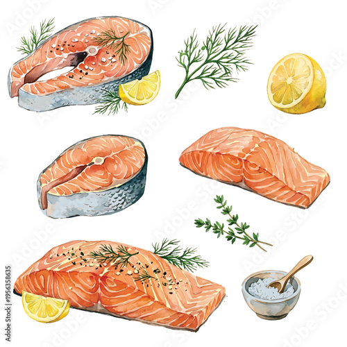 Assorted fresh raw salmon fillets with vegetables and lemon arranged as a healthy gourmet seafood meal
