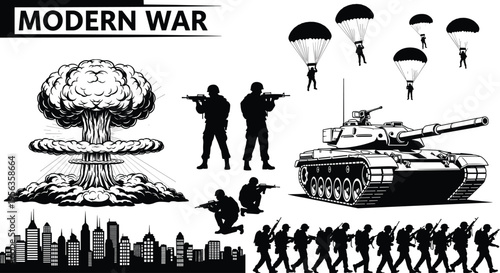 Black and white of modern war scene with soldiers tank parachutes explosion and city skyline
