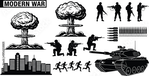 Black and white of modern war symbols including soldiers tank and nuclear explosions