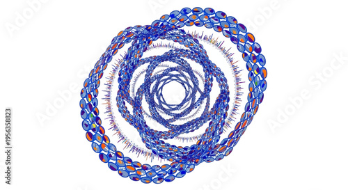 A complex circular torus composition of blue data rings, charts, and diagrams on a white background, representing big data and infinite analytics.
