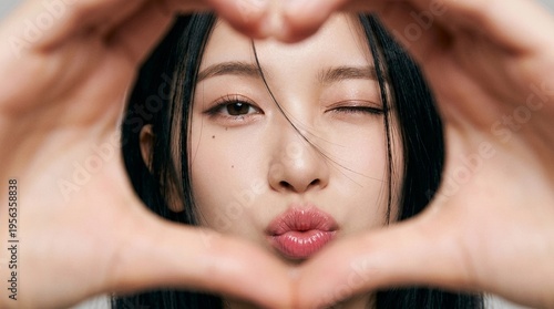 Beautiful Young Woman Making Heart Shape with Hands and Winking