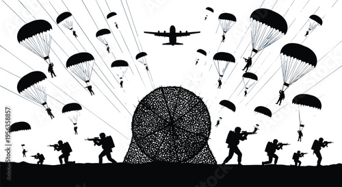 Black and white of parachuters jumping from plane with soldiers below airplane
