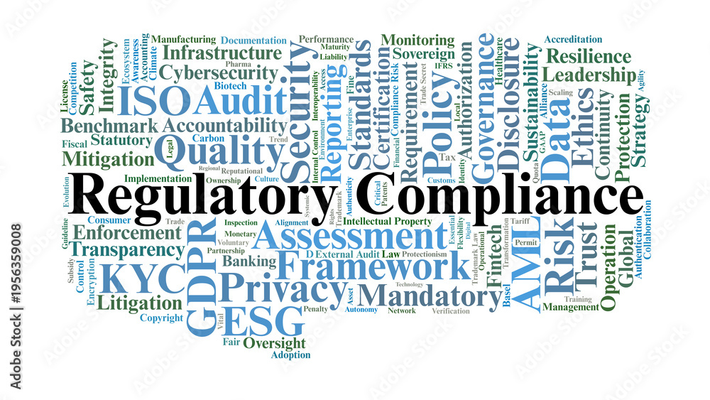 Fototapeta premium Regulatory Compliance Word Cloud. A Professional Visual Summary of Global Governance, Data Privacy, Financial Standards, Risk Mitigation, and Ethical Reporting Frameworks.