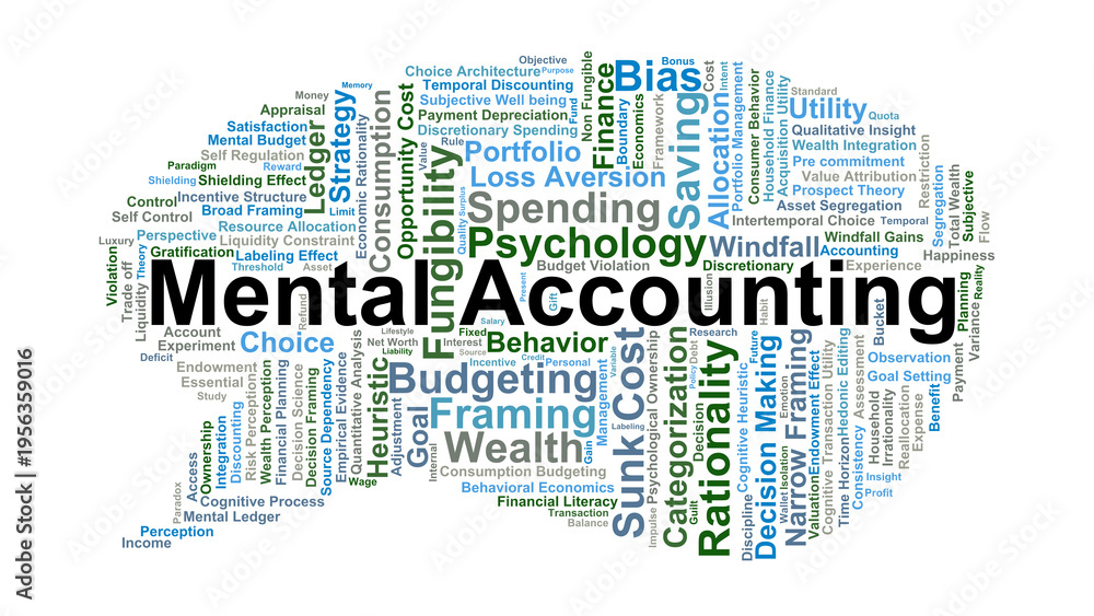 Obraz premium Mental Accounting Word Cloud. An overview of how individuals categorize, evaluate, and track financial activities through subjective mental ledgers and cognitive biases.
