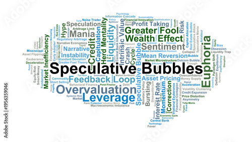 Speculative Bubbles Word Cloud. A collection of terms exploring the psychological euphoria, credit expansion, and irrational exuberance that drive asset prices beyond fundamental value.
