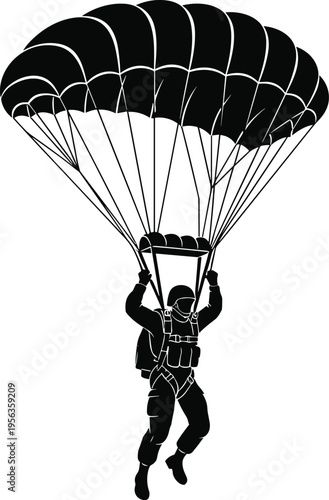 Black silhouette of a parachutist with open parachute white background