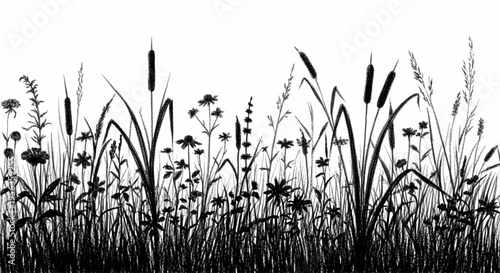 Charcoal Grass Doodle Botanical Silhouette Wildflower Meadow Plants Reeds Bushes PNG Transparent Background Illustration
