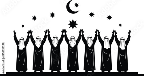 Muslim people praying under moon and stars, Islamic worship silhouette, Ramadan night prayer concept, spiritual faith gathering illustration