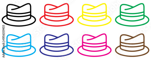 Flat fedora hat icon set in 8 colors on white background. vector illustration