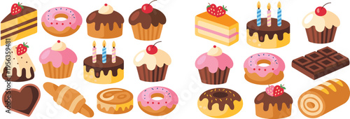 Colorful dessert collection, cakes, cupcakes, donuts, chocolate, pastries, sweet bakery items, cute food set, vector illustration, delicious treats