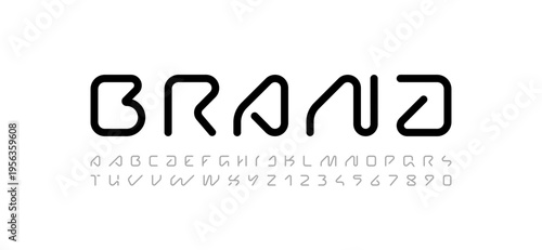 Technical future font, trendy digital cyber alphabet, letters from A, B, C, D, E, F, G, H, I, J, K, L, M, N, O, P, Q, R, S, T, U, V, W, X, Y, Z and numbers from 0, 1, 2, 3, 4, 5, 6, 7, 8, 9 for design