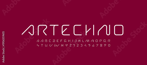 Technical future font, trendy digital cyber alphabet, letters from A, B, C, D, E, F, G, H, I, J, K, L, M, N, O, P, Q, R, S, T, U, V, W, X, Y, Z and numbers from 0, 1, 2, 3, 4, 5, 6, 7, 8, 9 for design