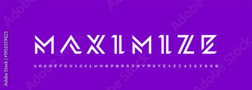 Logo font alphabet from segment lines, technology letters A, B, C, D, E, F, G, H, I, J, K, L, M, N, O, P, Q, R, S, T, U, V, W, X, Y, Z and numerals 0, 1, 2, 3, 4, 5, 6, 7, 8, 9, and numbers, vector 