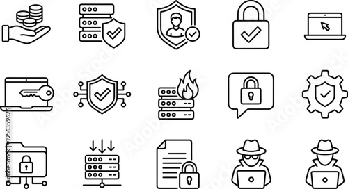 Cybersecurity data protection icons set with server security encryption firewall hacker safety access control, cad drawing flat vector illustration design