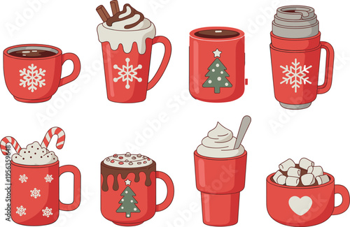 Christmas hot drinks collection, winter mugs with cocoa, coffee, marshmallows, festive cups, holiday beverages, cozy season vector illustration set